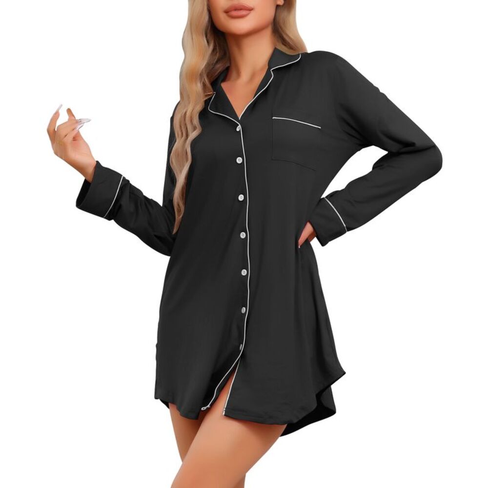 Sleepshirt Long Sleeve Shirt Button Down Loungewear Sleepwear Black